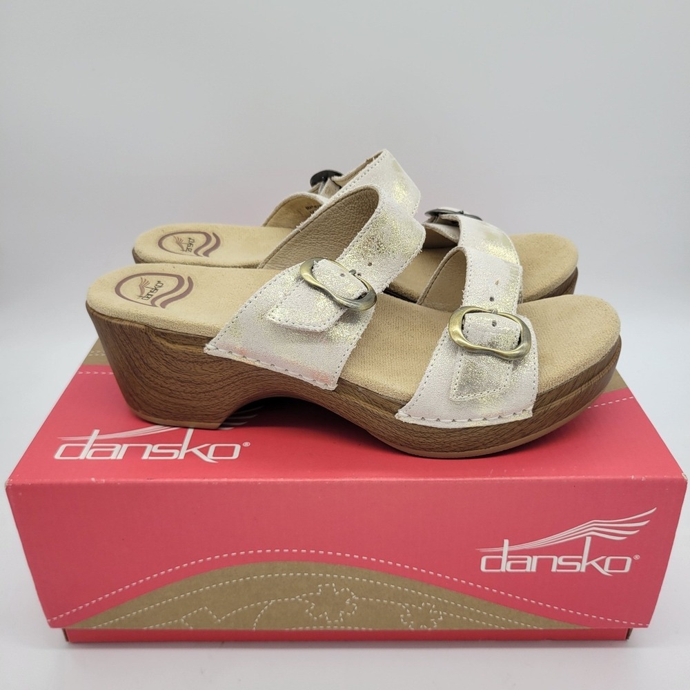 NEW in Box Dansko Sophie Metallic Ivory Gold Leather Wedge Sandals Womens 38